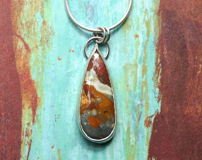 Picture Jasper Necklace, Handcrafted Sterling Silver Pendant Necklace with Earthy Coloured Stone, Large Teardrop Natural Stone Necklace, UK