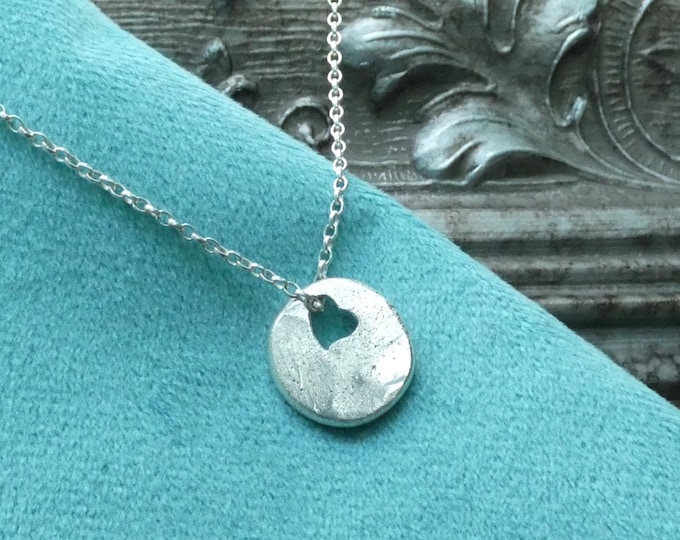 Small Rustic Silver Heart Necklace, Hammered Sterling Silver Disc Pendant Necklace w Heart Cutout, Recycled Silver Heart Pendant Necklace