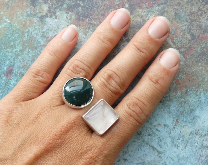Split Shank Ring, Large Chunky Sterling Silver Statement Ring w Open Shank, Bloodstone and Rose Quartz Stone, Chunky Geometric Cocktail Ring