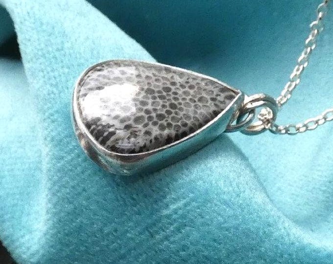 Large Teardrop Coral Fossil Sterling Silver Necklace, Handcrafted Real Solid Silver Artisan Statement Jewellery w Grey Natural Stone, UK