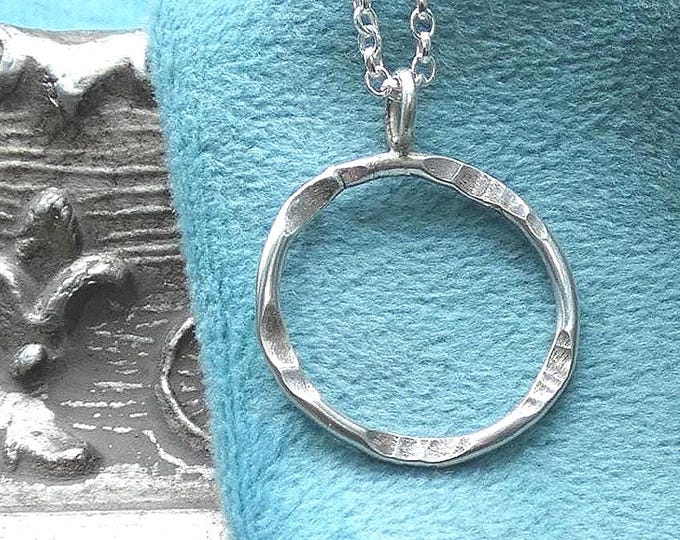 Sterling Silver Circle Pendant Layering Necklace, Hammered Artisan Silver Jewellery, Minimalist Handmade Lightweight Geometric Pendant