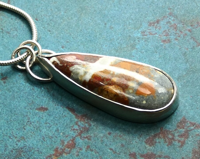 Long Picture Jasper Natural Gemstone Sterling Silver Teardrop Pendant Necklace, Handcrafted Artisan Precious Metal Earthy Stone Pendant,UK