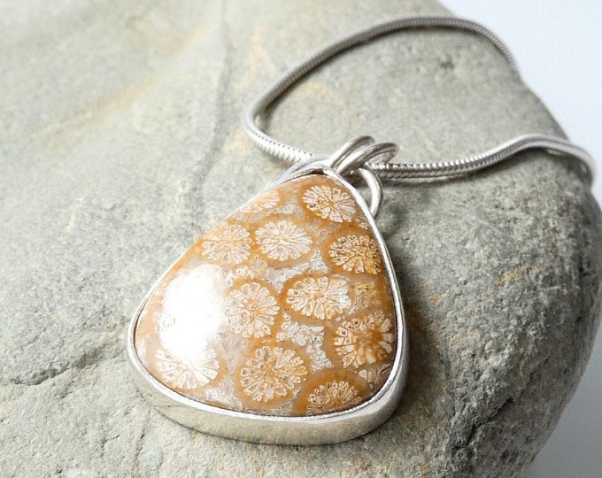Coral Fossil Silver Necklace, Handmade Sterling Silver Pendant Necklace With Beautiful Large Teardrop Fossilised Coral Stone, Natural Stone