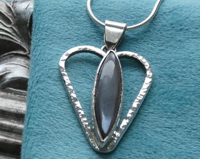 Heart Moonstone Necklace, Large Hammered Solid Sterling Silver Heart Pendant w Beautiful Marquise Moonstone, Chunky Statement Heart Necklace