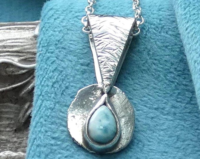 Handcrafted Rustic Larimar Natural Gemstone Pendant Necklace, Solid Sterling Silver Teardrop Pendant, Artisan Precious Metal Jewellery, UK