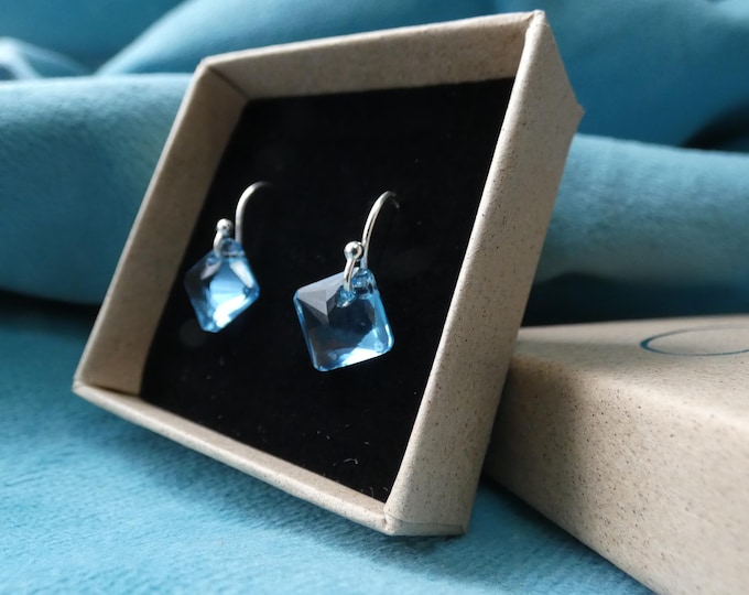 Tiny Earrings with Light Blue Stone, Minimalist Drop Earrings, Lightweight Earrings with Sterling Silver Hoop, Small Everyday Earrings, UK