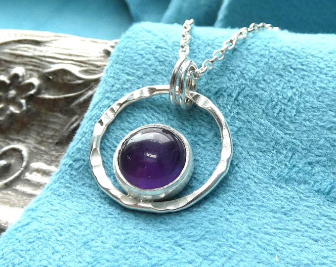 Handcrafted Hammered Sterling Silver Circle Pendant Necklace w Round Amethyst Natural Gemstone, Artisan Silver Birthstone Charm Jewellery