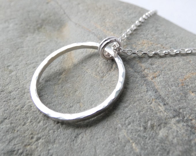 Large Minimalist Sterling Silver Hoop Pendant Necklace, Handmade Hammered Silver Circle Pendant, Hand Forged Silver Circle Necklace, UK