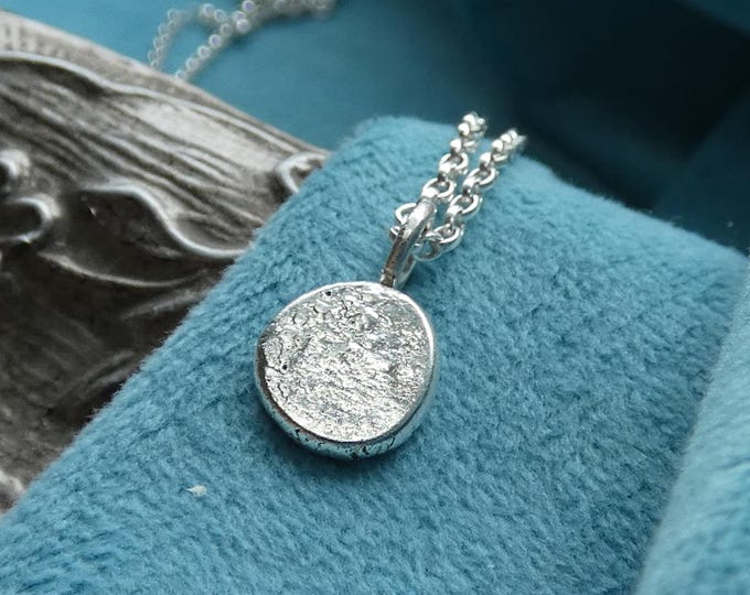 Tiny Dainty Rustic Solid Sterling Silver Disc Pendant, Minimalist Artisan Precious Metal Pebble Necklace, Hammered Molten Silver Nugget, UK