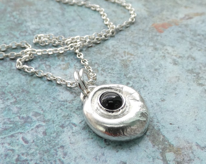 Black Onyx Necklace, Handmade Solid Sterling Silver Pendant Necklace with Small Round Black Onyx Stone, Freeform Molten Silver Necklace, UK