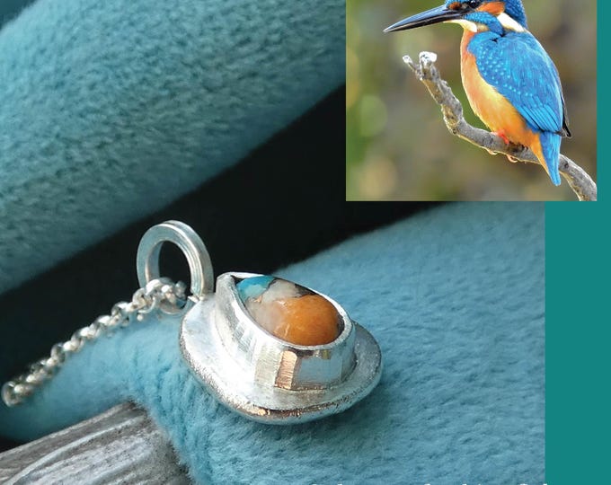 Tiny Dainty Teardrop Multi-Coloured Oyster Turquoise Natural Gemstone Set in a Handcrafted Hammered Rustic Solid Sterling Silver Necklace