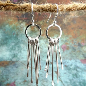 Lightweight Silver Tassel Earrings Very Light Sterling Silver Paddle Fringe Earrings, Minimalist Long Dangling Drop Everyday Silver Earrings