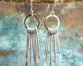 Lightweight Silver Tassel Earrings Very Light Sterling Silver Paddle Fringe Earrings, Minimalist Long Dangling Drop Everyday Silver Earrings