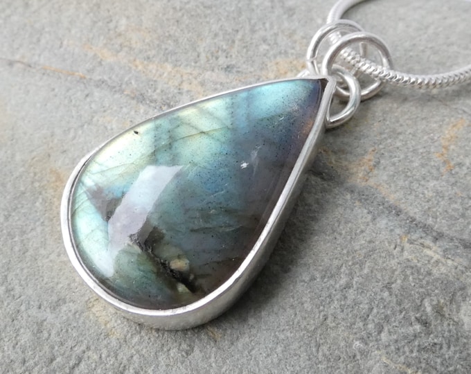 Labradorite Necklace, Handmade Sterling Silver Labradorite Pendant Necklace, Large Teardrop Stone Necklace, Statement Gemstone Jewellery, UK