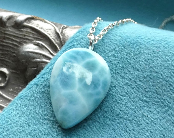 Beautiful Light Blue Teardrop Larimar Natural Gemstone Pendant Necklace, Handcrafted Precious Metal, Solid Sterling Silver Artisan Jewellery
