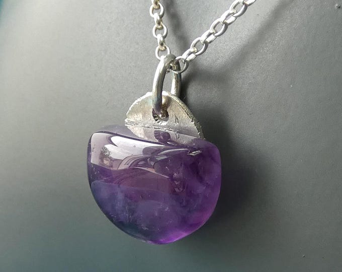 Handcrafted Sterling Silver Amethyst Natural Gemstone on Hammered Solid Silver Backplate, Precious Metal Artisan Birthstone Jewellery, UK