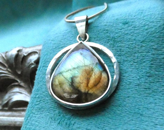 Chunky Labradorite Real Solid Sterling Silver Pendant Necklace, Large Artisan Statement Jewellery, Precious Metal Natural Gemstone Pendant