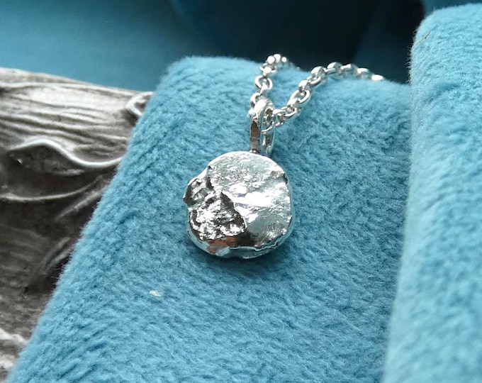 Tiny Dainty Rustic Solid Sterling Silver Disc Pendant, Minimalist Artisan Precious Metal Pebble Necklace, Hammered Molten Silver Nugget, UK