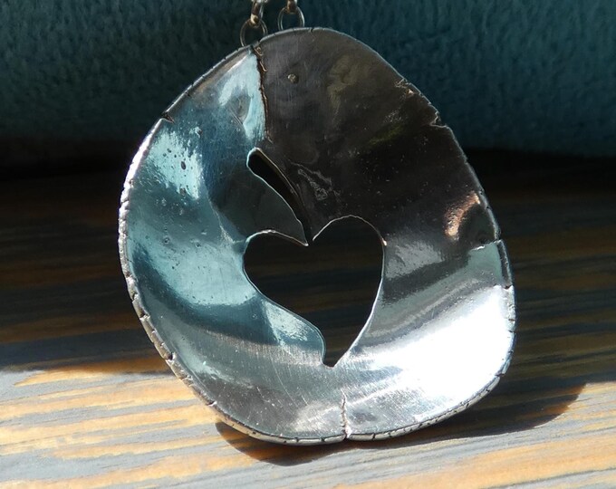 Rustic Hammered Molten Silver Necklace w Heart Leaf Shape Cutout, Handcrafted Organic Artisan-made Sterling Silver Disc Pendant Necklace