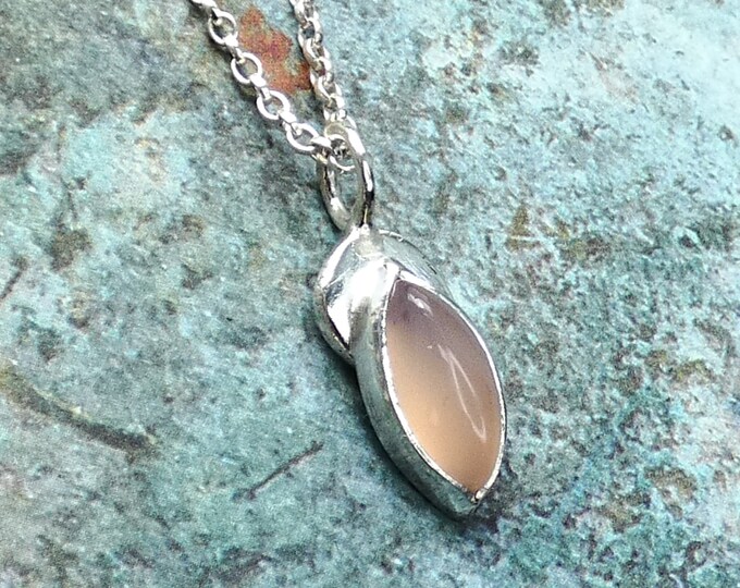 Pale Pink Chalcedony Necklace, Small, Rustic Handmade Sterling Silver Pendant Necklace w Pink Chalcedony Stone, Minimalist Pink Necklace, Uk