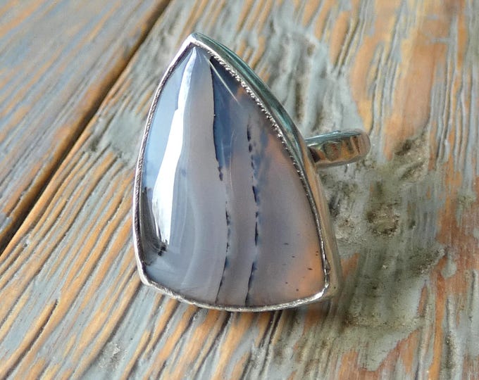 Chunky Montana Agate Ring: Hammered Sterling Silver Statement Ring, Size P