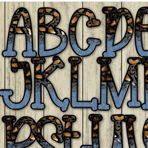 LEOPARD DENIM Alphabet Letters PNG Doodle Font Sublimation Design Downloass Handwritten Blue Jean Glitter Alpha doodle letters png Glitter