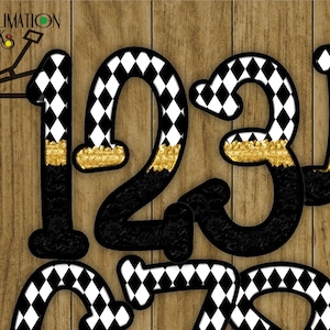 Sublimation Designs Downloass, HALLOWEEN ALPHABET Letters PNG Doodle FontJester Harlekin Diamant schwarz weiß Karo metallic Gold, DIY