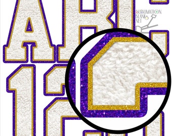 Purple Gold White, CHENILLE Letters, PNG, Patches, Alphabet, Glitter Font, Sublimation Design Downloads, sublimation png, Athletic, lsu, diy