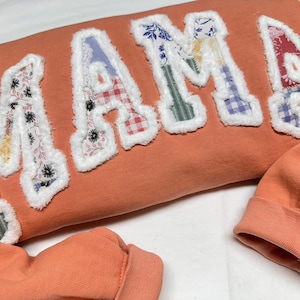 Mama Patchwork Applique + Chenille Yarn Sweatshirt | Comfort Colors | Custom Embroidery | Oversized Handmade Sweater| Personalized Name