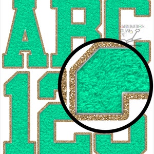 GREEN White Gold Glitter, CHENILLE Letters, PNG, Patches, Varsity Alphabet, Glitter Font  sublimation png, diy