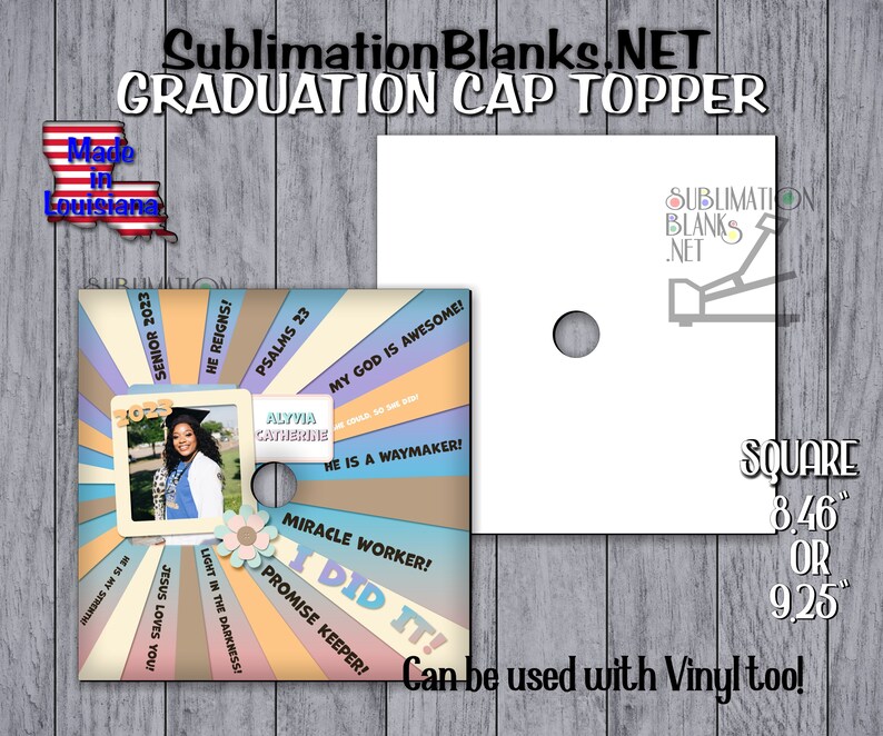 Ss SUBLIMATION BLANKS Graduation Cap TOPPER Graduation Fan Personalized Hat Senior Gift Png Template Included Grad Cap Add a Photo Cap Top image 4