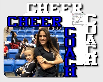 May include: Image features the words "CHEER COACH" in a layered design. The word "CHEER" is in white and blue, while "COACH" is in white. The background shows a woman and a young girl in cheerleading attire.