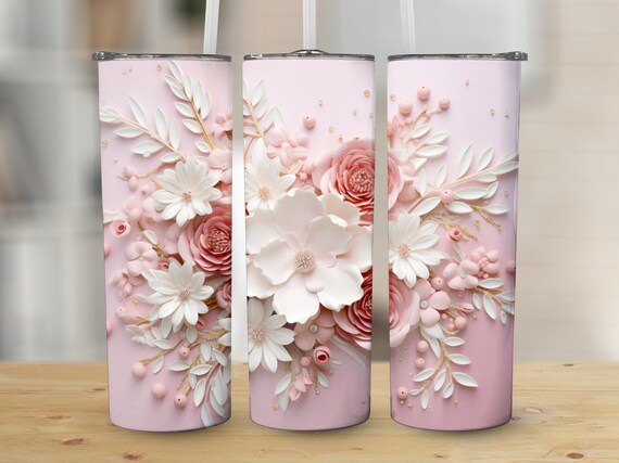 3D Pink and Gold Flowers Tumbler Wrap Sublimation PNG