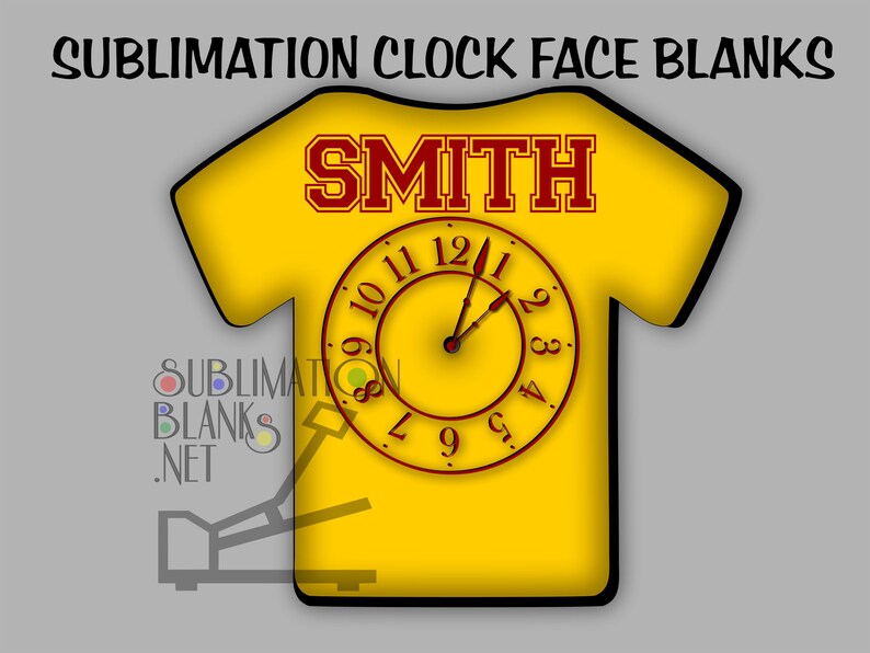 Puede incluir: Un espacio en blanco para sublimaci&oacute;n de esfera de reloj amarilla con forma de camiseta. La palabra "SMITH" est&aacute; impresa en letras rojas en la parte superior. Una esfera de reloj con manecillas y n&uacute;meros rojos est&aacute; en el centro. El texto "SUBLIMATION CLOCK FACE BLANKS" est&aacute; en la parte superior.