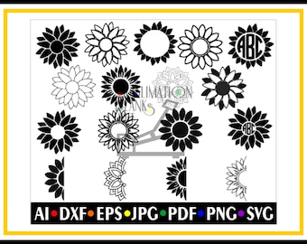 SUNFLOWER SVG, Sun Flower split SVG, sunflower monogram svg, sunflower svg cut file, sunflower silhouette, Digital Download, sunflowers, diy