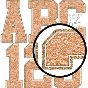Op de afbeelding: Een ontwerp met de letters "A", "R" en de cijfers "19" in een lettertype in varsity-stijl. De letters en cijfers hebben een getextureerde, perzikachtige uitstraling met een gouden glitteromtrek. De achtergrond is wit.