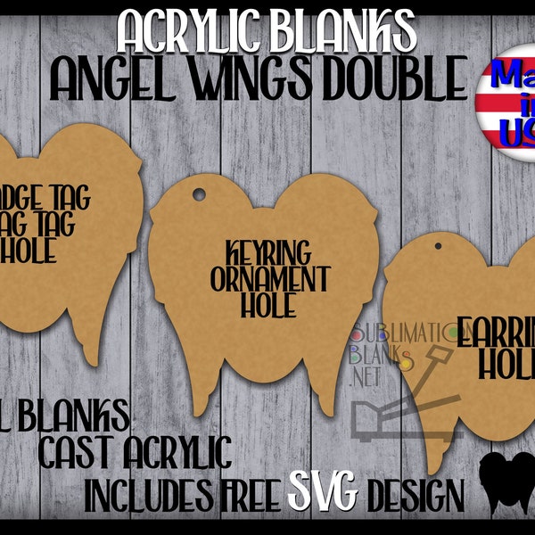 ANGEL WINGS Double svg Acrylic Earrings Acrylic Keychain Bag Tags Clear Cast Badge buddy Badge Reel Craft Blanks Memorial In memory of Rip
