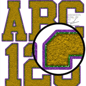 Gold MARDI GRAS PNG Chenille Letters Patches Varsity Alphabet Glitter Font Sublimation Design Downloads sublimation png Purple Green Gold
