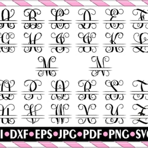 Pode incluir: Uma coleção de designs de monogramas de letras divididas em preto, cada um com uma inicial única de A a Z. As letras estão em uma fonte decorativa e com redemoinhos, separadas por uma linha horizontal. A imagem também inclui indicadores de tipo de arquivo: AI, DXF, EPS, JPG, PDF, PNG e SVG.