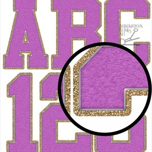 PURPLE White Gold Glitter CHENILLE Letters PNG Patches Varsity Alphabet Font sublimation png diy athletic printable bundle clipart download
