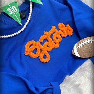 May include: A royal blue sweatshirt with the word "Gators" in orange, fluffy lettering. The image includes a wooden football and green and white pennants. A string of white beads is draped across the sweatshirt.