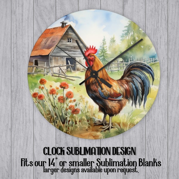 Png Aquarelle Coq Poulet Ferme Imprimable Horloge Sublimation Designs Téléchargements Wall Art décor Dessins et illustrations numériques bricolage