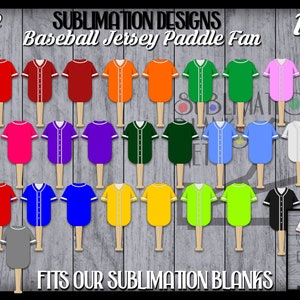 Könnte beinhalten: Eine Sammlung von Baseball-Trikot-Paddle-Fan-Designs in verschiedenen Farben, darunter Rot, Orange, Grün und Rosa. Die Designs werden auf einem Holzgrund angezeigt und enthalten den Text "SUBLIMATION DESIGNS Baseball Jersey Paddle Fan" und "FITS OUR SUBLIMATION BLANKS".
