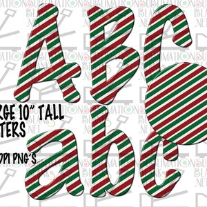 PNG navideño, rayas de bastón de caramelo, rayas rojas, verdes y blancas, letras, alfabeto, descarga de diseños de sublimación, paquete de imágenes prediseñadas para álbum de recortes