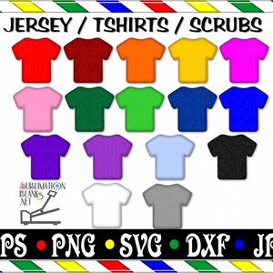 Puede incluir: Una colecci&oacute;n de dise&ntilde;os de camisetas de colores en varios colores, incluyendo rojo, naranja, amarillo, rosa, verde, azul, morado, azul claro, blanco, gris y negro. La imagen tambi&eacute;n incluye el texto "JERSEY / TSHIRTS / SCRUBS" y opciones de tipo de archivo.