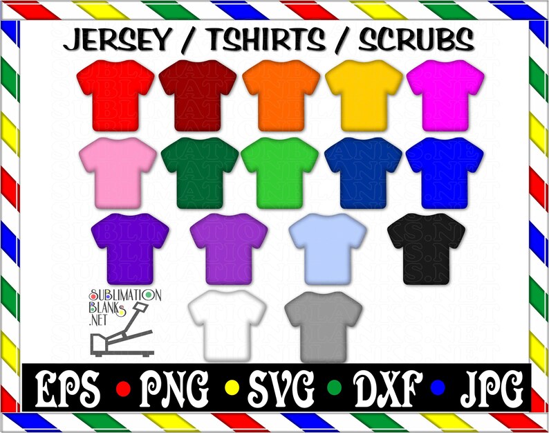 Puede incluir: Una colecci&oacute;n de dise&ntilde;os de camisetas de colores en varios colores, incluyendo rojo, naranja, amarillo, rosa, verde, azul, morado, azul claro, blanco, gris y negro. La imagen tambi&eacute;n incluye el texto "JERSEY / TSHIRTS / SCRUBS" y opciones de tipo de archivo.