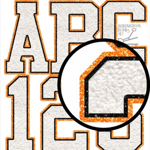 Sublimation Designs Downloass, ORANGE Black White Glitter, CHENILLE Letters, PNG, Patches, Varsity Alphabet, Glitter, Font,  sublimation png