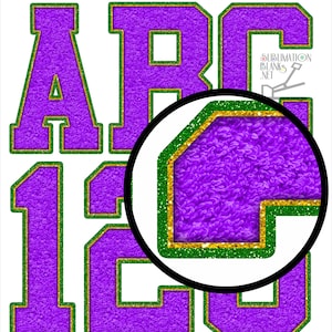 Paarse MARDI GRAS PNG Chenille Letters Patches Varsity Alfabet Glitter Lettertype Sublimatie Design Downloads sublimatie png Paars Groen Goud
