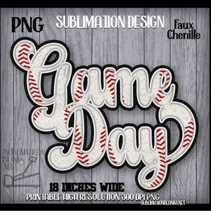 May include: A digital sublimation design with the words "Game Day" in a baseball-themed font. The design is 45.7 cm wide and features red stitching, a black outline, and a faux chenille texture. The background is a gray wood grain.