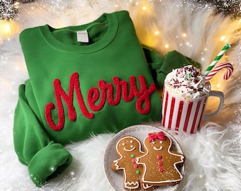 MERRY Christmas Sweatshirt Custom EMBROIDERED Chenille YARN Sweatshirt Christian Trending Now Christmas Personalized Gifts Holiday Shirt